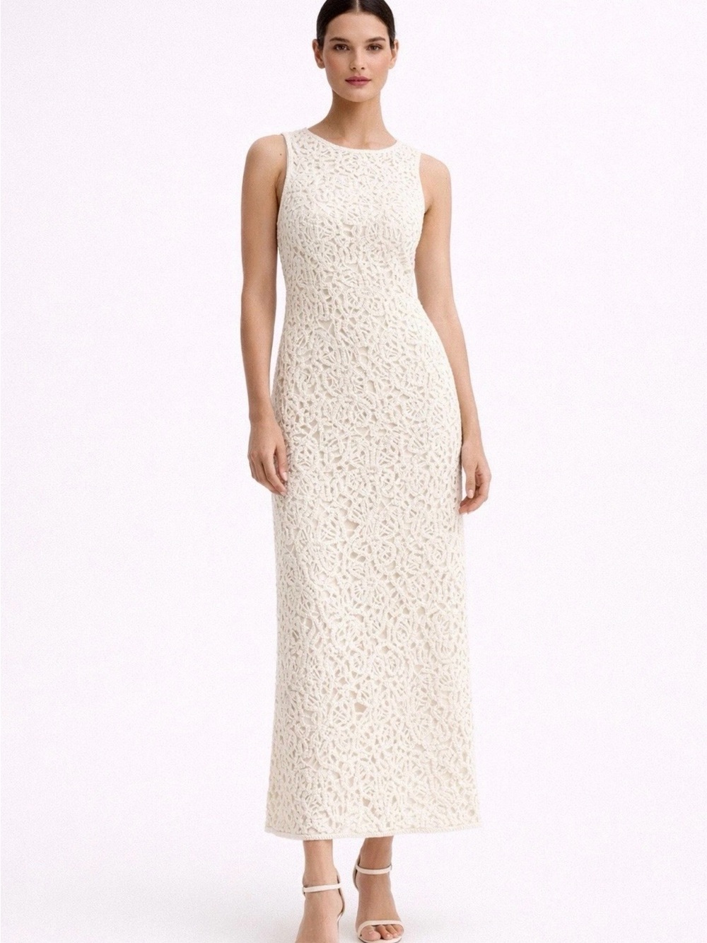 Zara Ivory Sleeveless Crocheted Lace  Dress